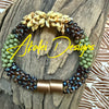 Bracelet - Two Toned Matte Green, Dark Topaz with Yellow Magatama Brass Magnet - 6.5"