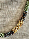 Topaz and Yellow Picasso Segmented with Olive Green Necklace Lei  - 25"