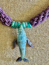 Gorgeous Lavender with Blue/Green Whale Pendent Glass Beaded Necklace - 32"