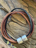 Brown & Tan 5-Cord Wrap Leather Bracelet w/ Silver Toned Accent Bead - 7.25" (Med)