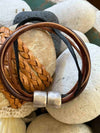 Brown & Tan 5-Cord Wrap Leather Bracelet w/ Silver Toned Accent Bead - 7.25" (Med)