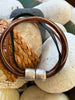 Brown & Tan 5-Cord Wrap Leather Bracelet w/ Silver Toned Accent Bead - 7.25" (Med)