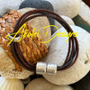 Brown & Tan 6-Cord Wrap Leather Bracelet w/ Silver Toned Accent Bead - 7" -7.5" (Med)