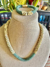 Sea Foam Green Focal and Yellow Picasso Dragon Scale Necklace Lei  & Bracelet- 24" and 7"