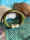 Green & Brown Fiber 5-Cord Wrap Leather Bracelet w/ SilverToned Magnet  - 5"-5.5"  (Small)